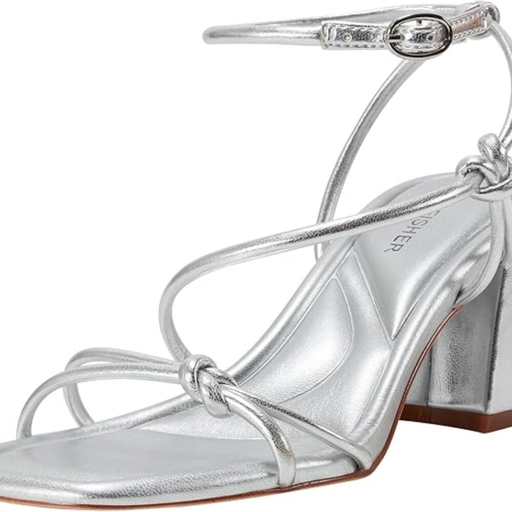 NWT Marc Fisher Gurion Silver Block Heel Sandals 9.5 Metallic Ankle Strap Party - Picture 2 of 13
